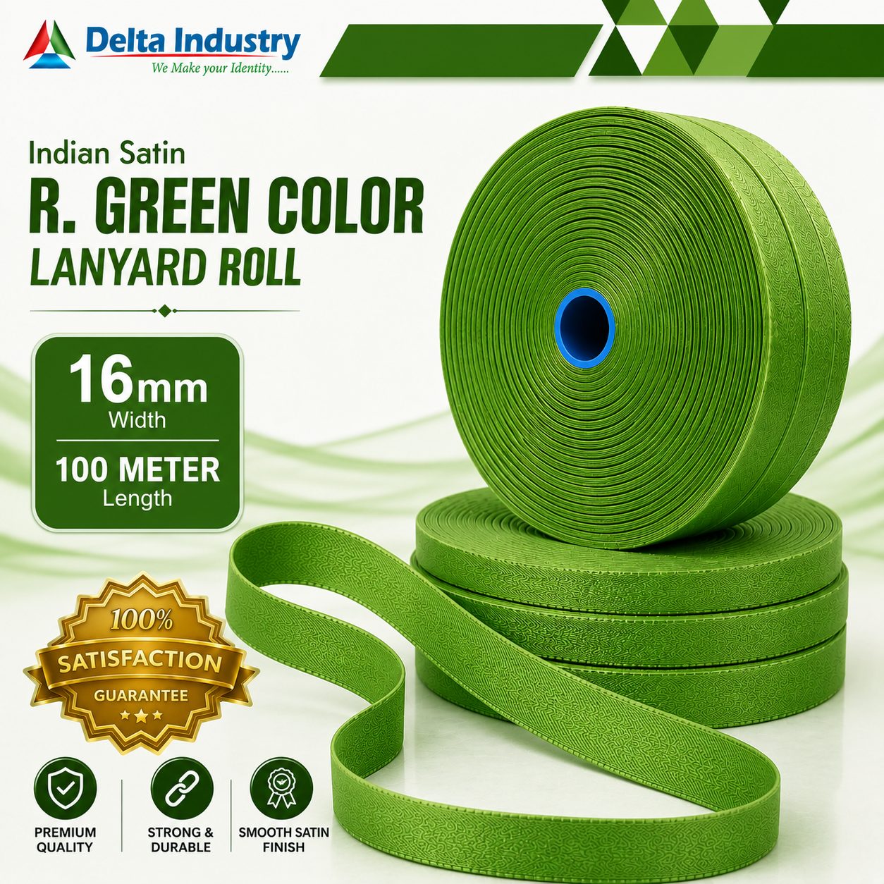 16mm  Indian GREEN Colour Satin Lanyard Roll
