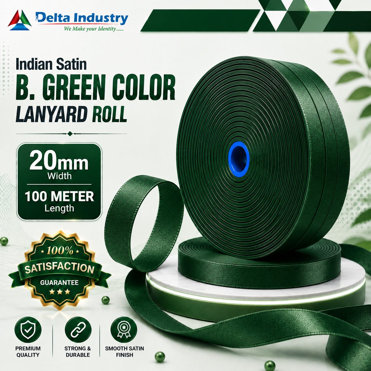 20mm  Indian Dark GREEN Colour Satin Lanyard Roll