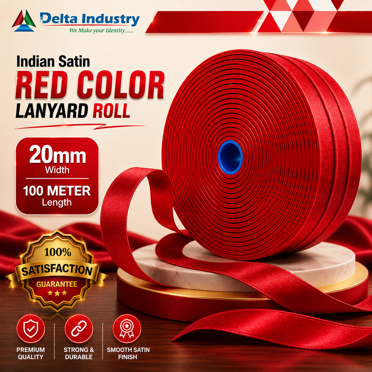20 MM Indian Red Colour Satin Lanyard Roll 