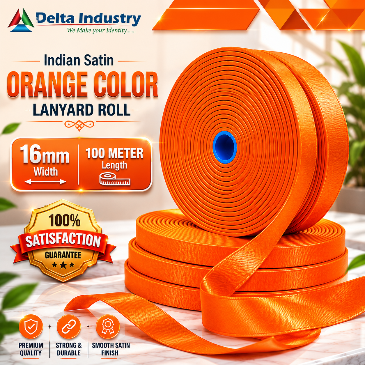 16mm  Indian ORANGE Colour Satin Lanyard Roll