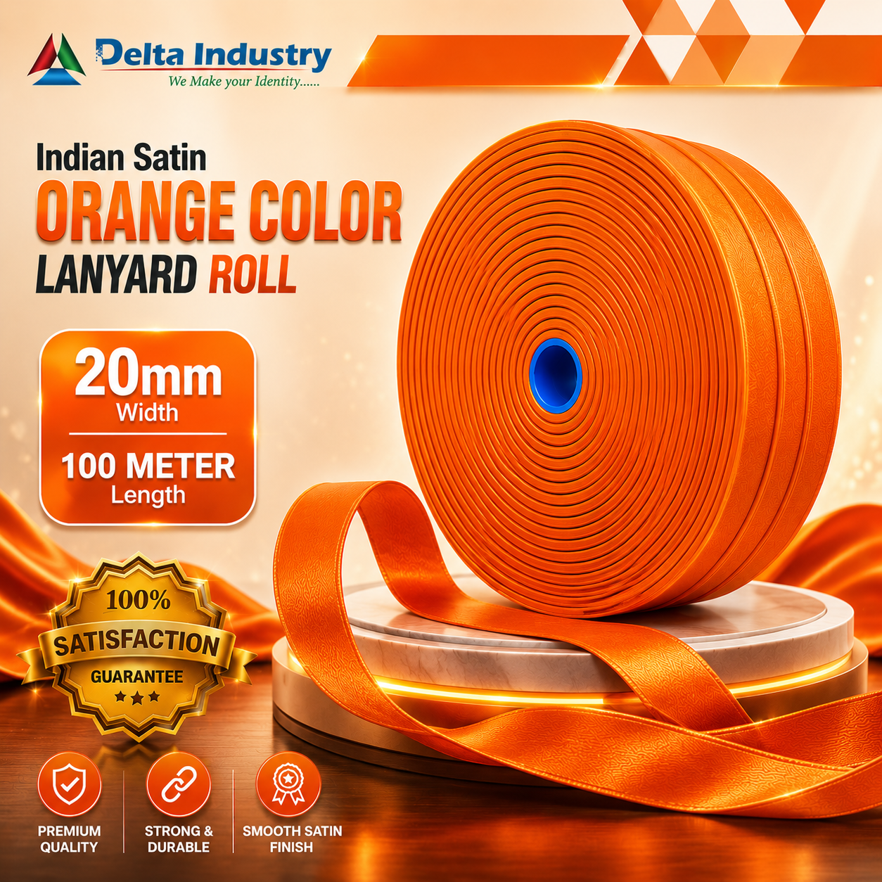 20 mm  Indian ORANGE Colour Satin Lanyard Roll