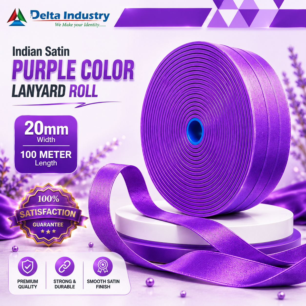20mm  Indian PURPLE Colour Satin Lanyard Roll