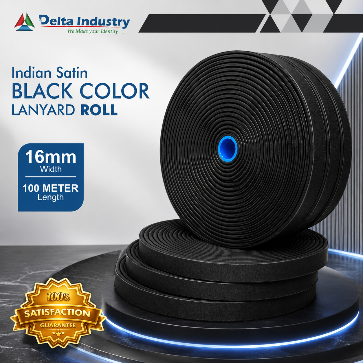 16mm  Indian BLACK Colour Satin Lanyard Roll