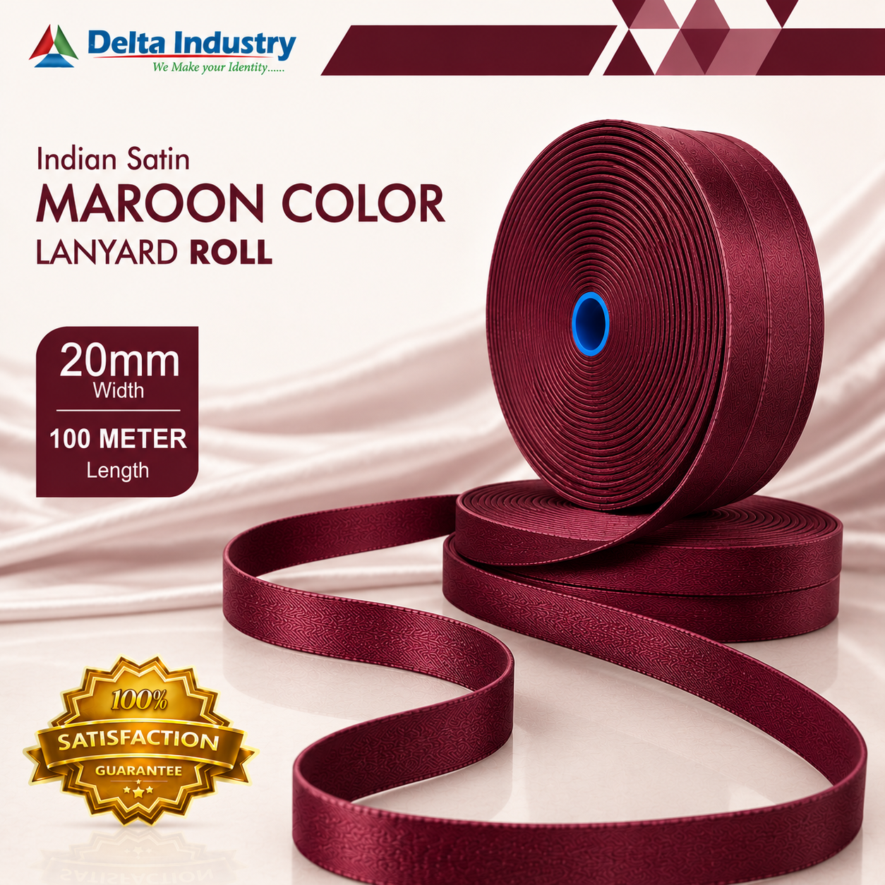 20 mm  Indian MAROON Colour Satin Lanyard Roll