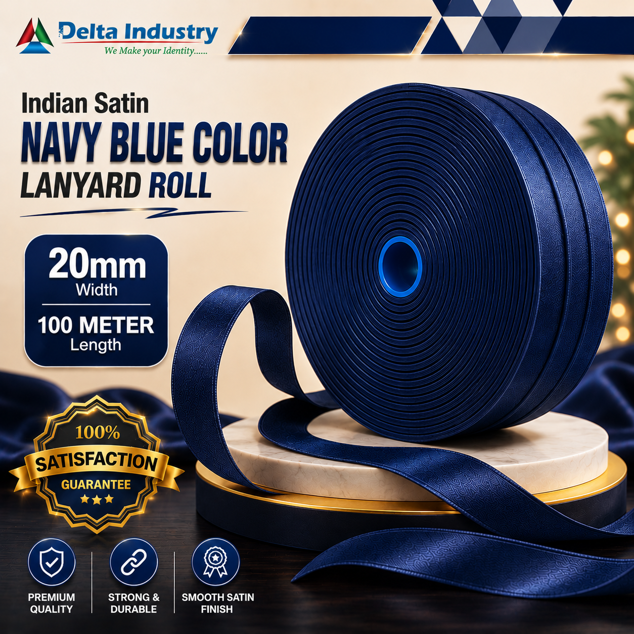 20 mm  Indian NAVY BLUE Colour Satin Lanyard Roll