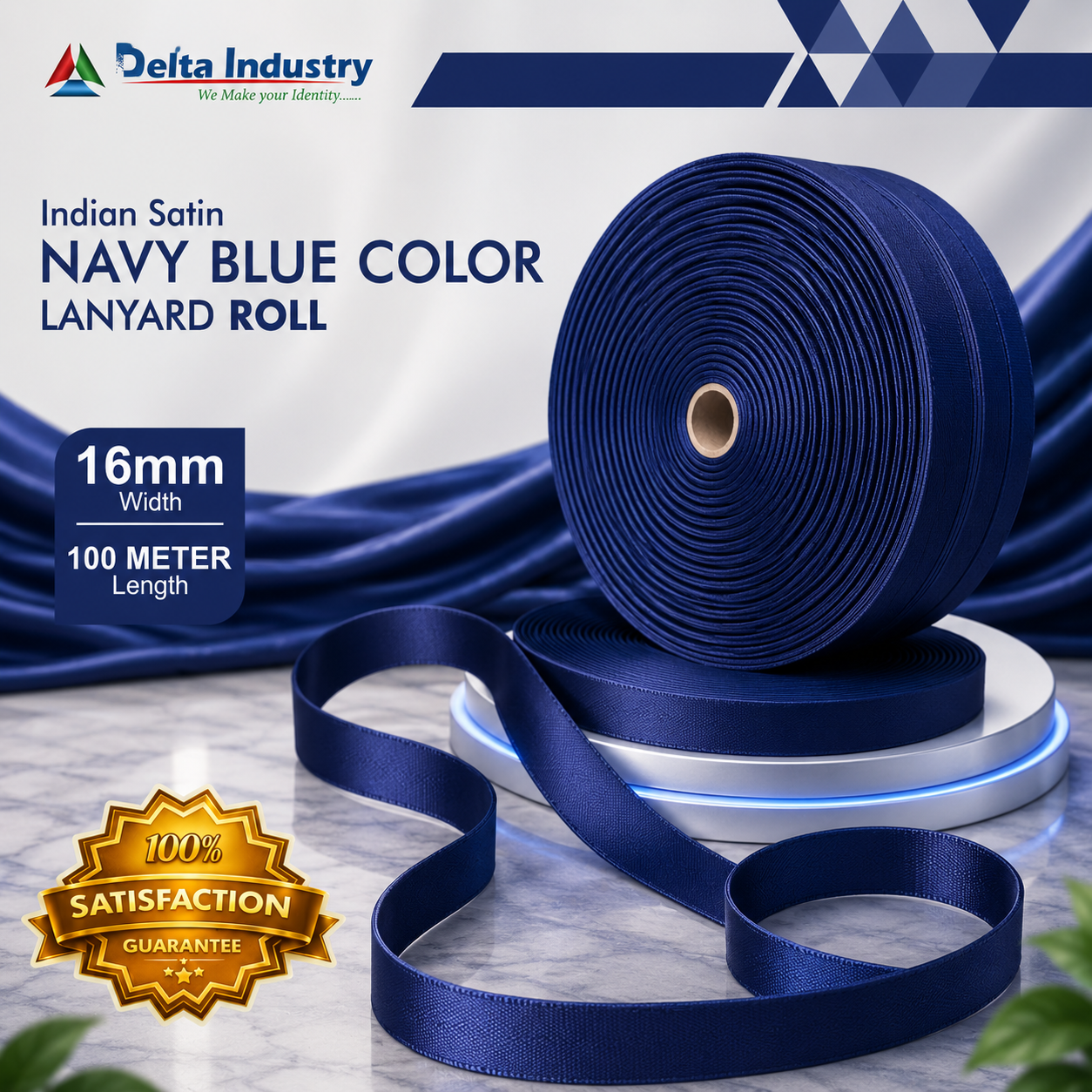 16 mm  Indian NAVY BLUE Colour Satin Lanyard Roll